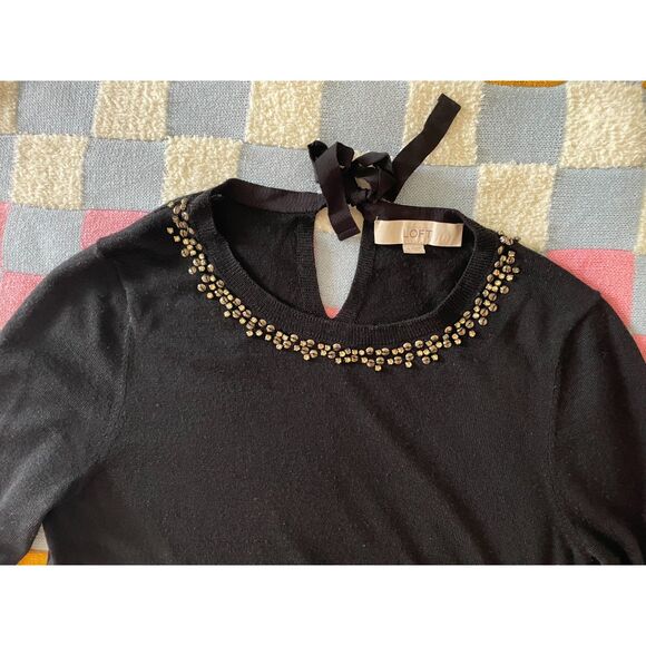LOFT Women's Jeweled Embellished Neckline Sweater Size S Black Work Office Chic - Picture 3 of 5